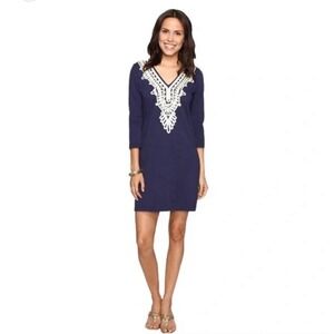 Lilly Pulitzer Navy Blue Embroidered  White/gold 3/4‎ Sleeve Shift Dress Small